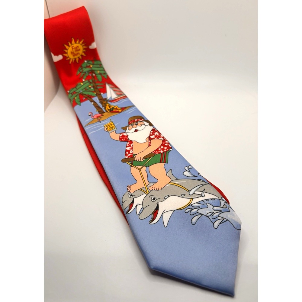 Vintage Hallmark Christmas Neck Tie Fun in the Sun Santa Water Skiing Dolphins